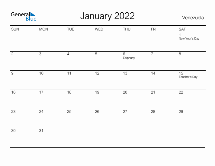 Printable January 2022 Calendar for Venezuela