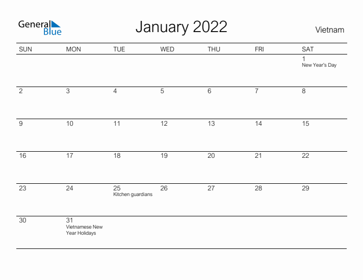 Printable January 2022 Calendar for Vietnam
