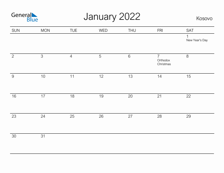 Printable January 2022 Calendar for Kosovo