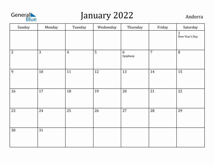 January 2022 Calendar Andorra