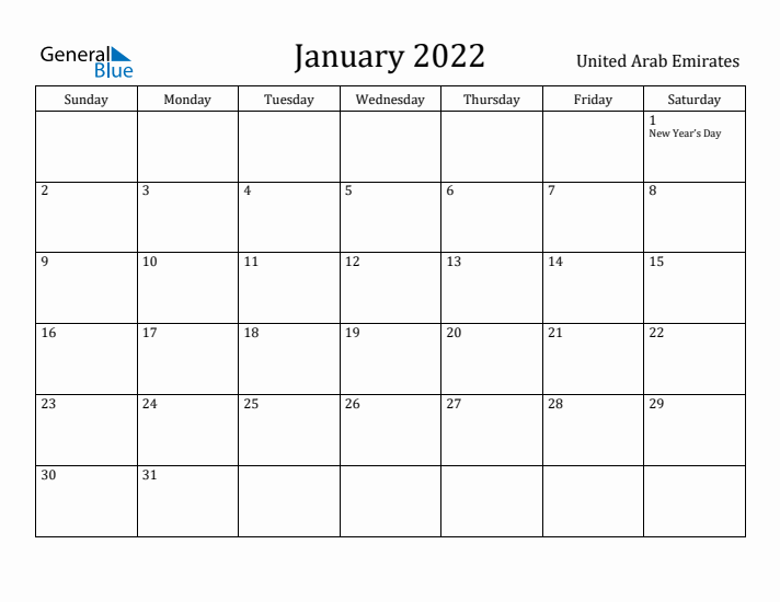 January 2022 Monthly Calendar With United Arab Emirates Holidays