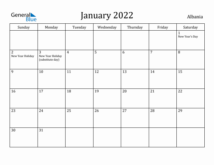 January 2022 Calendar Albania