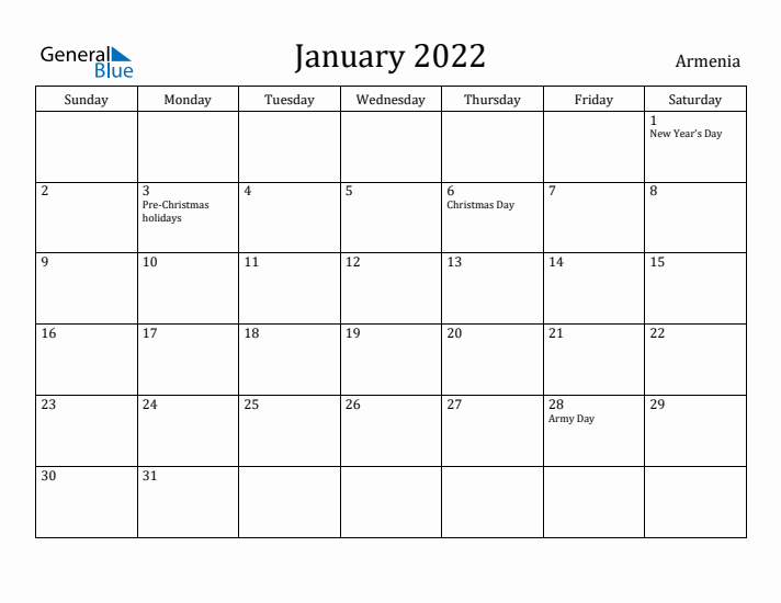 January 2022 Calendar Armenia