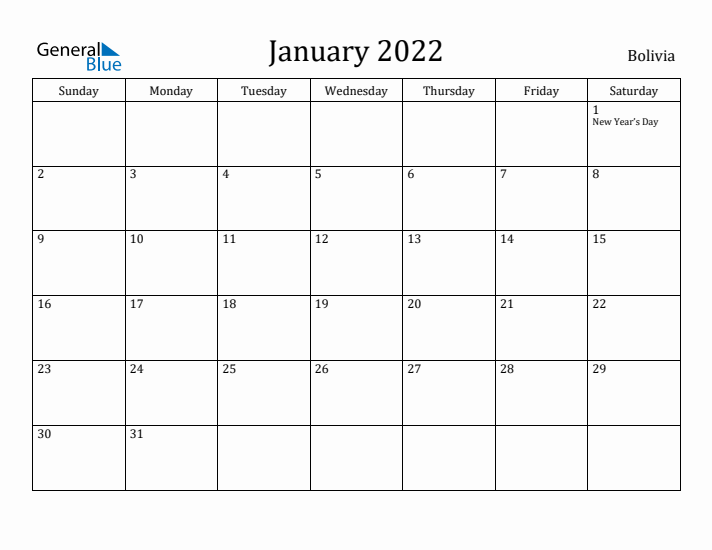 January 2022 Calendar Bolivia