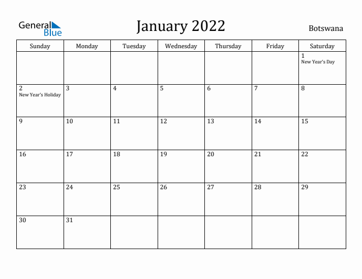 January 2022 Calendar Botswana