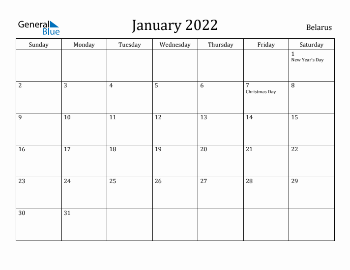 January 2022 Calendar Belarus