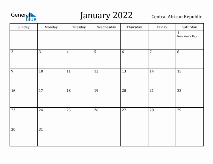 January 2022 Calendar Central African Republic