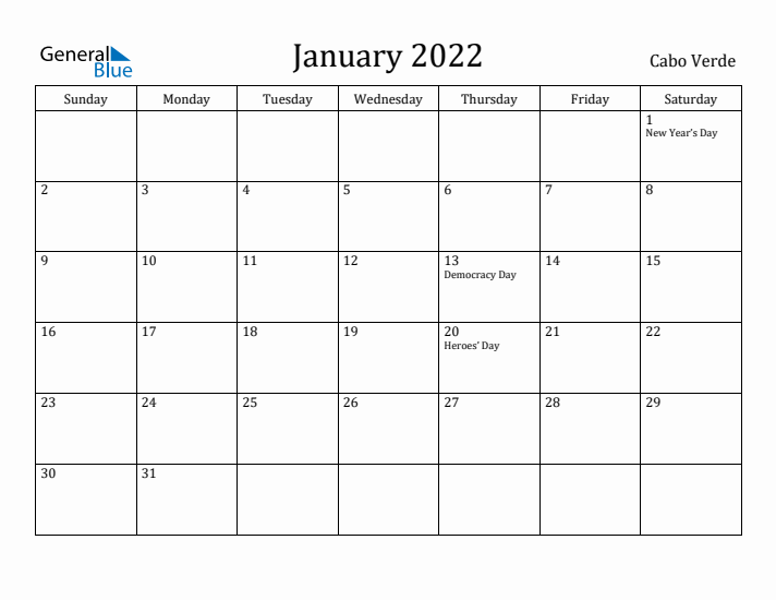January 2022 Calendar Cabo Verde