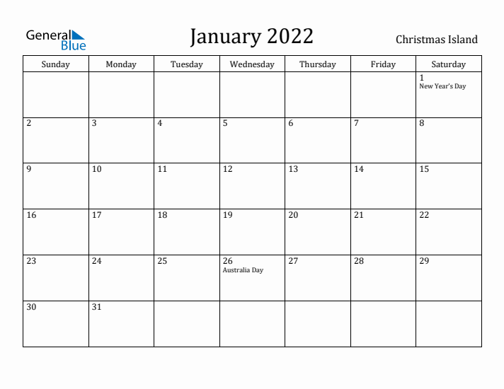 January 2022 Calendar Christmas Island