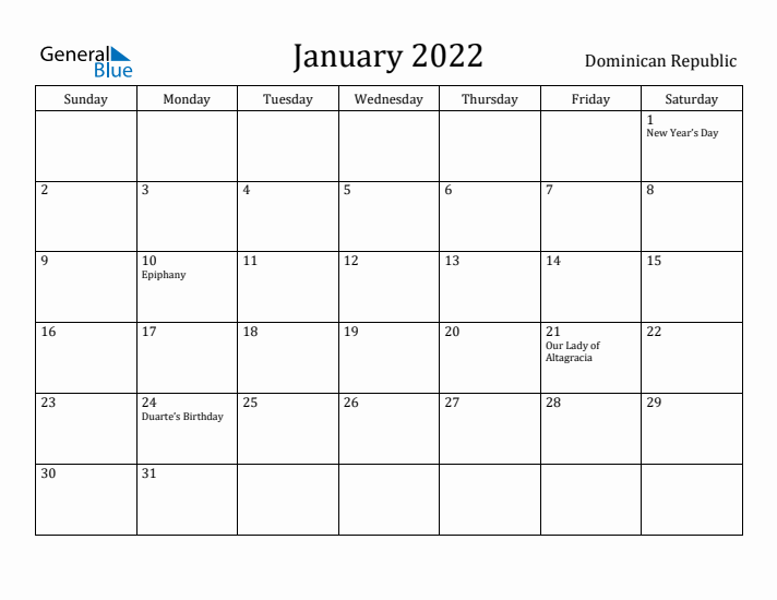 January 2022 Calendar Dominican Republic