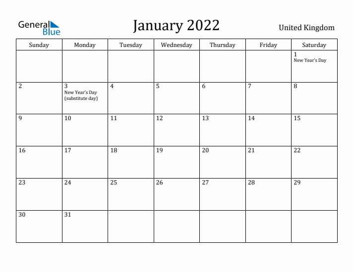 January 2022 Calendar United Kingdom