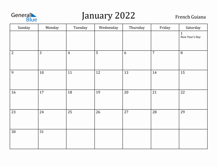 January 2022 Calendar French Guiana