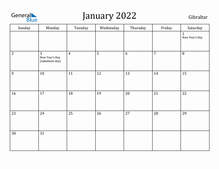 January 2022 Calendar Gibraltar