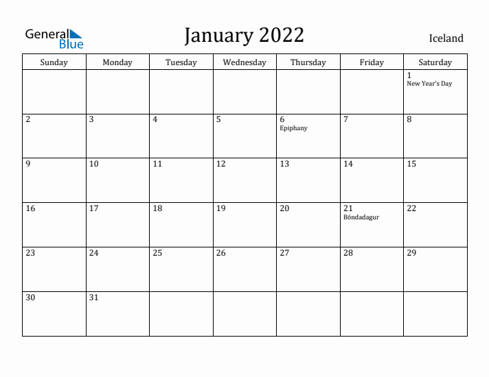 January 2022 Calendar Iceland