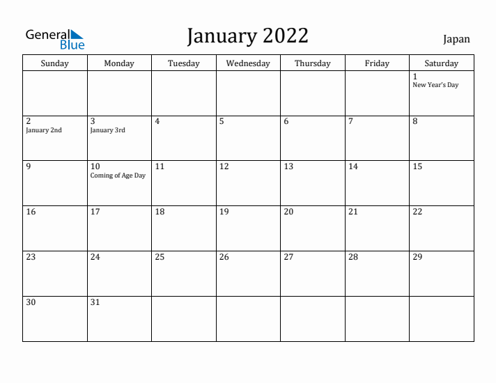 January 2022 Calendar Japan