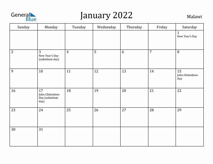 January 2022 Calendar Malawi