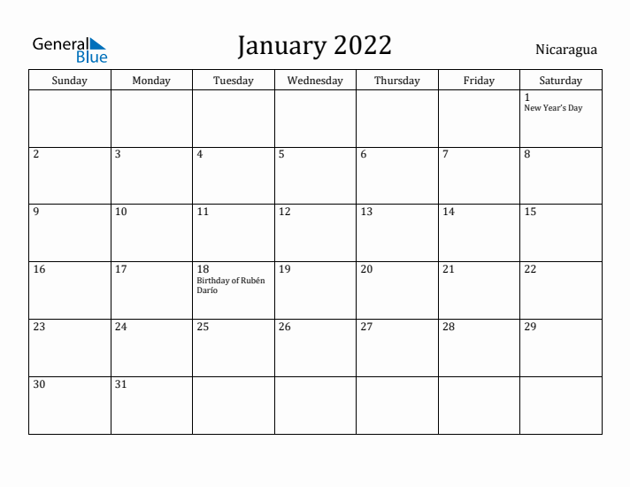 January 2022 Calendar Nicaragua