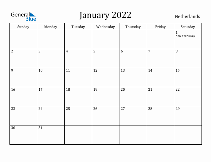 January 2022 Calendar The Netherlands