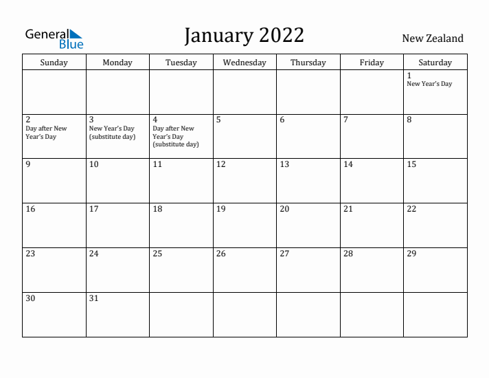 January 2022 Calendar New Zealand