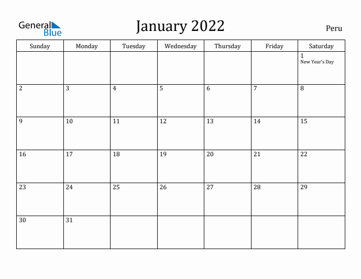 January 2022 Calendar Peru