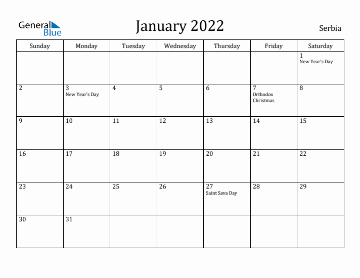 January 2022 Calendar Serbia