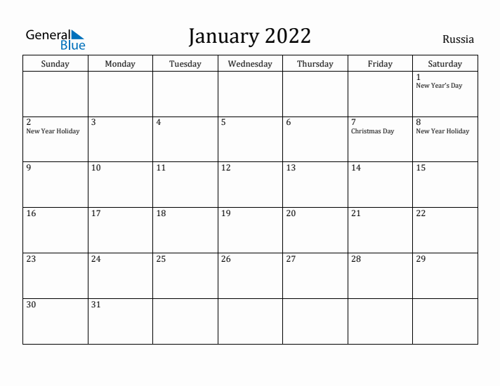 January 2022 Calendar Russia