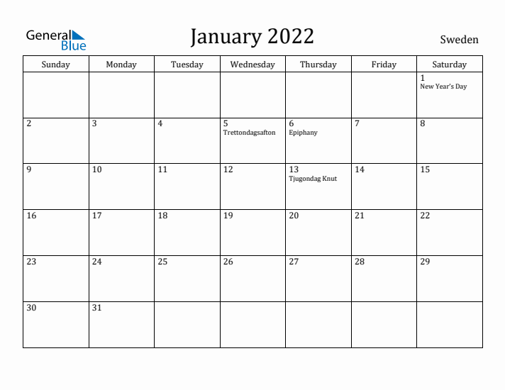 January 2022 Calendar Sweden