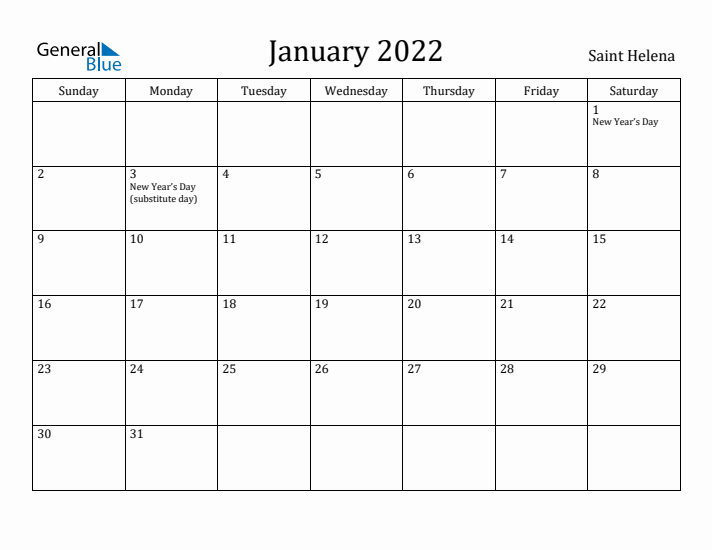 January 2022 Calendar Saint Helena