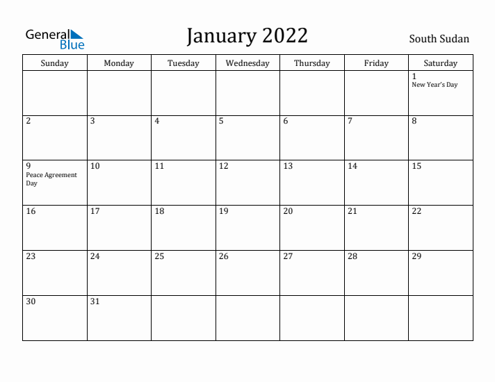 January 2022 Calendar South Sudan