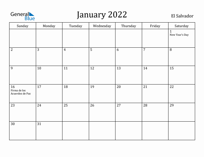 January 2022 Calendar El Salvador