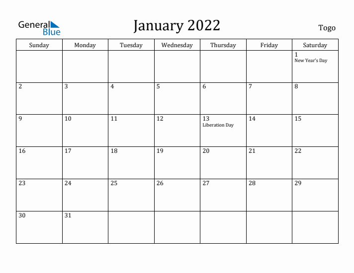 January 2022 Calendar Togo
