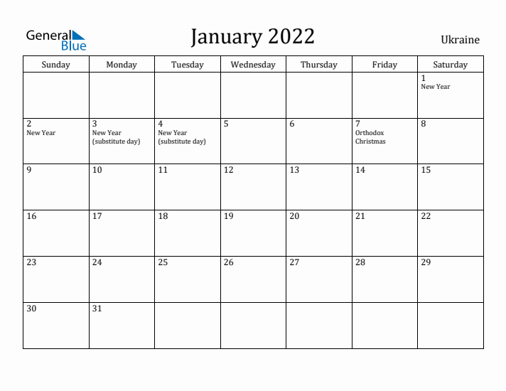 January 2022 Calendar Ukraine