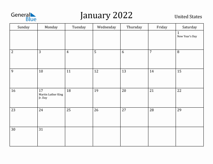 January 2022 Calendar United States