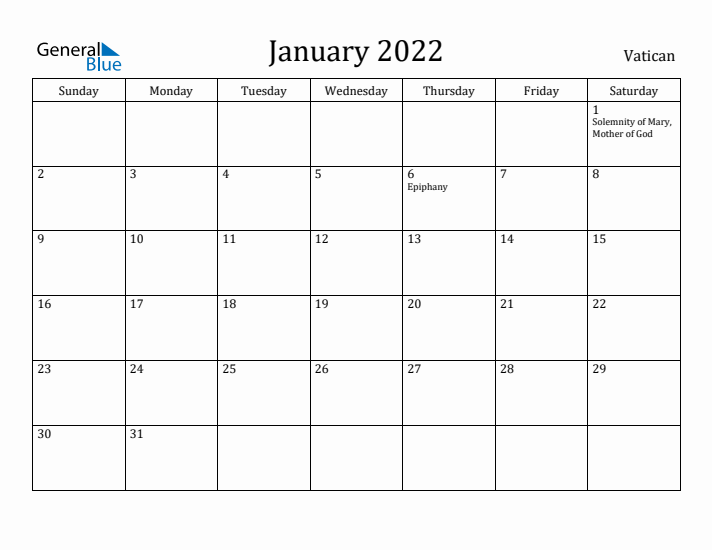 January 2022 Calendar Vatican