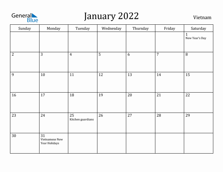 January 2022 Calendar Vietnam