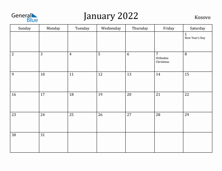 January 2022 Calendar Kosovo