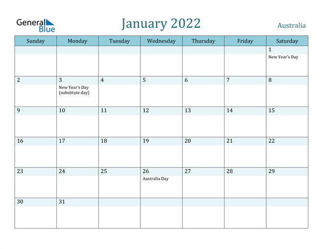 australia january 2022 calendar with holidays