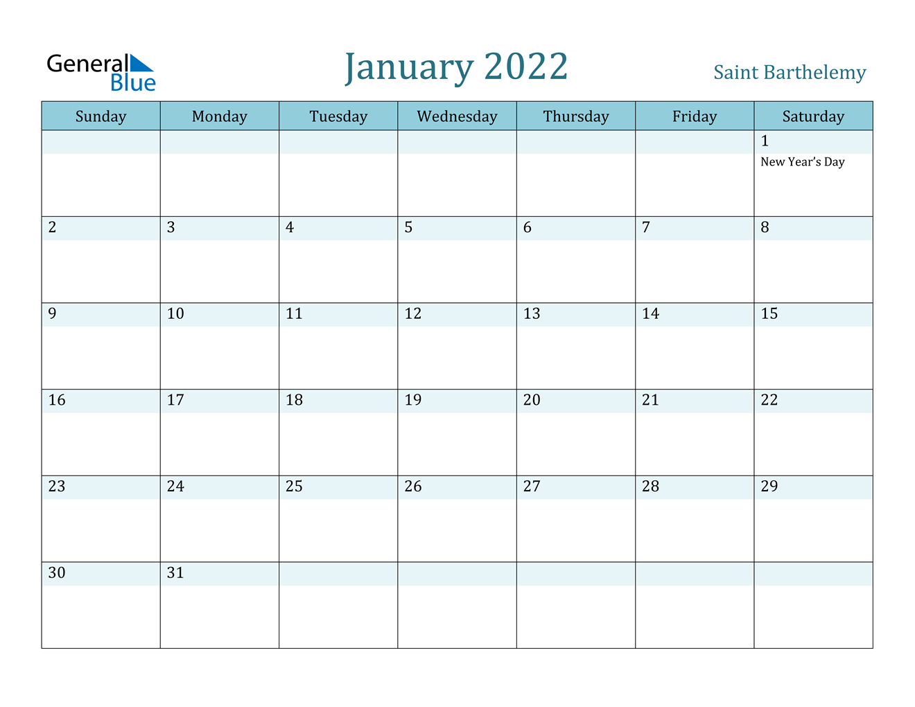 january 2022 calendar saint barthelemy