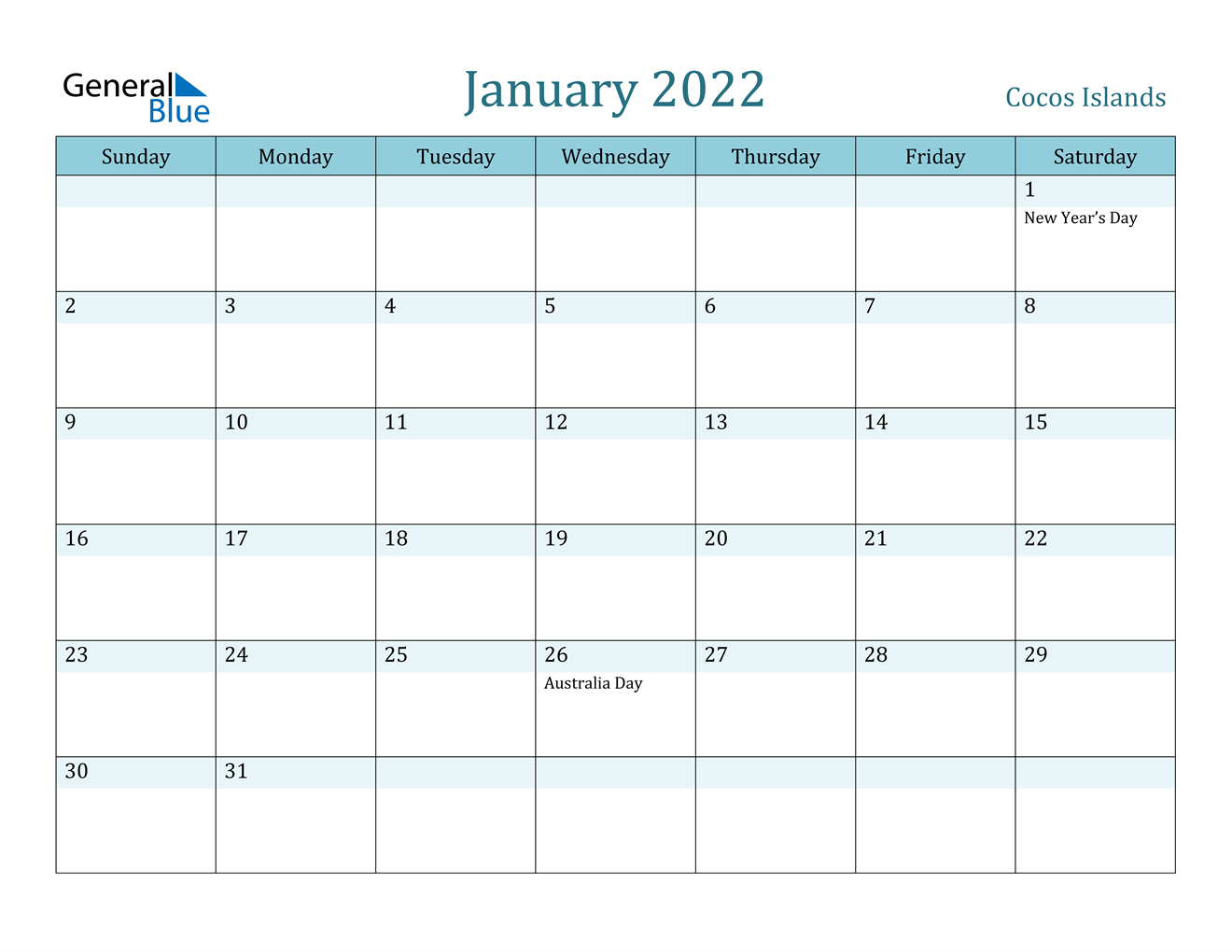 january 2022 calendar cocos islands