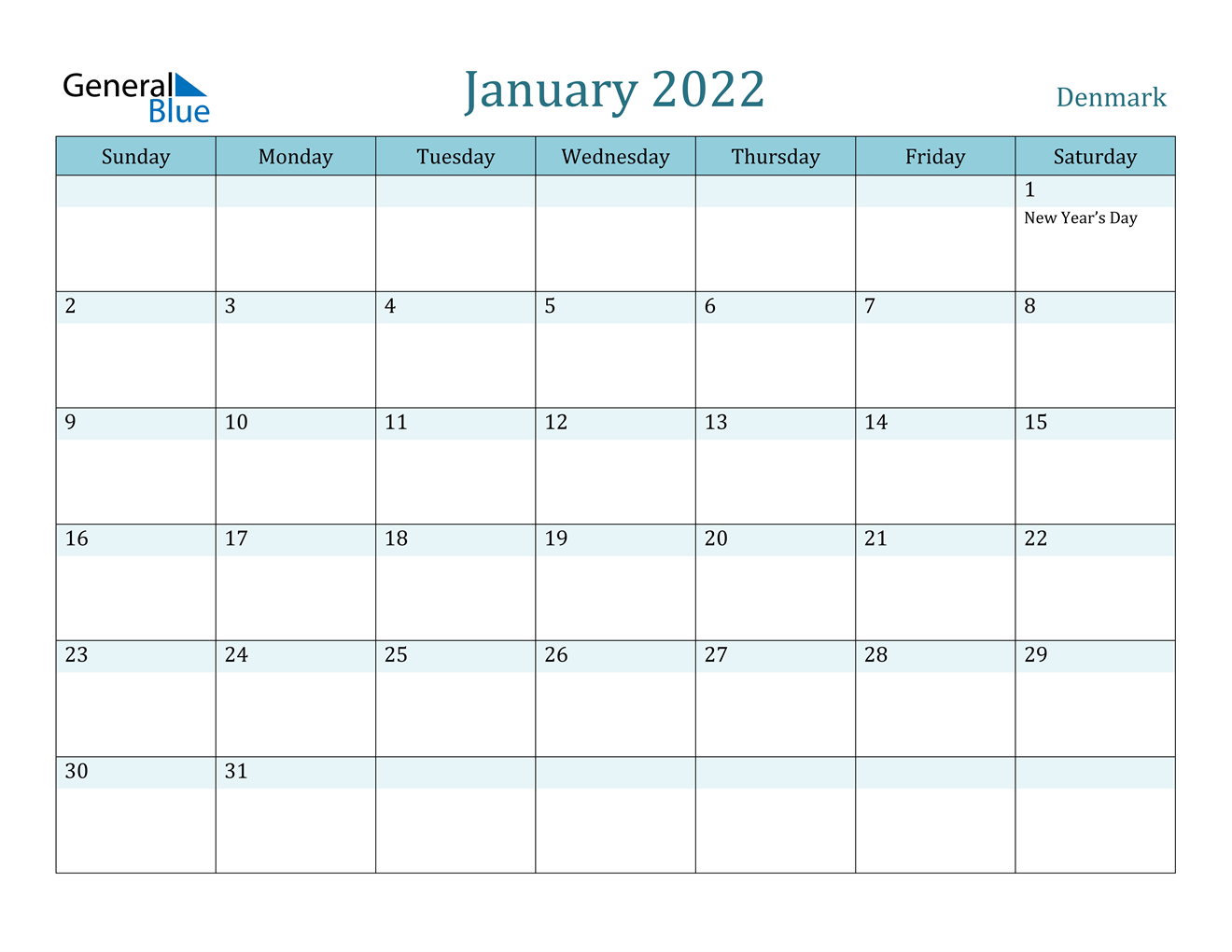  January  2022  Calendar Denmark