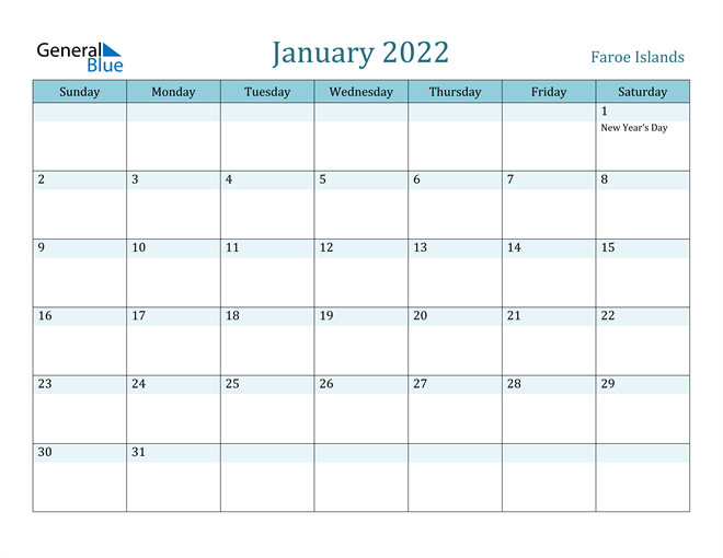 faroe islands january 2022 calendar with holidays