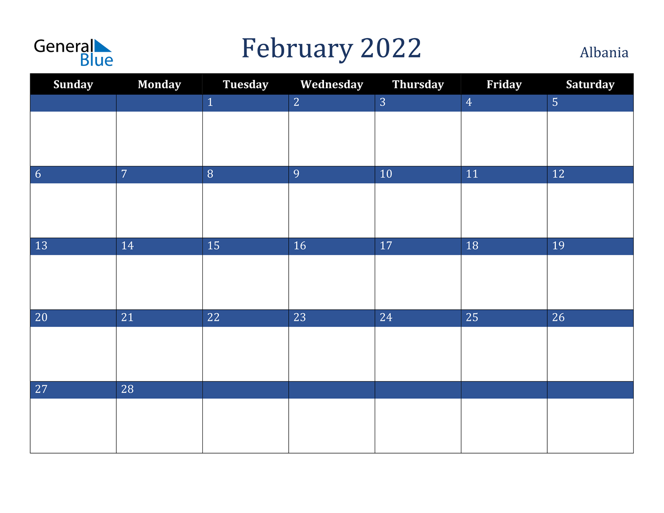 February 2022 Calendar - Albania