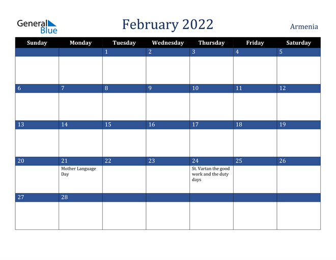 February 2022 Armenia Calendar