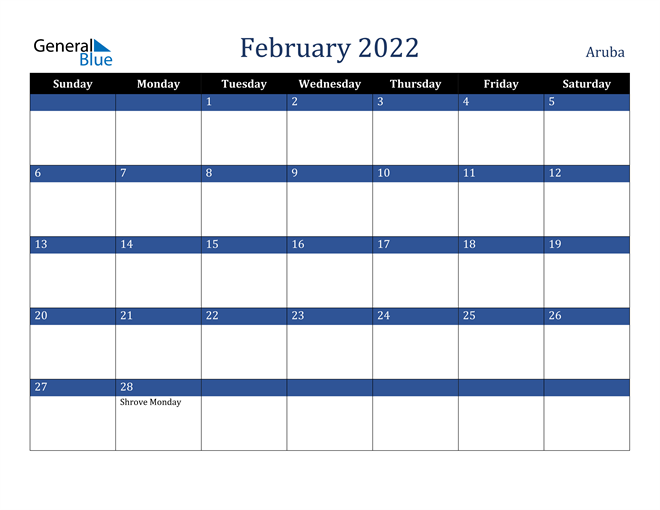 February 2022 Aruba Calendar