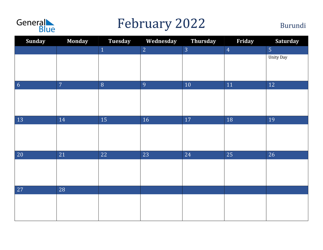 February 2022 Calendar - Burundi