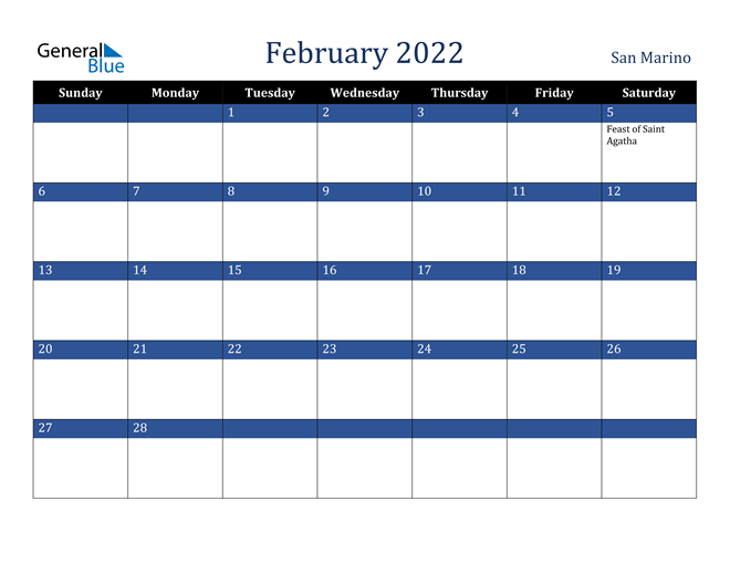 February 2022 San Marino Calendar