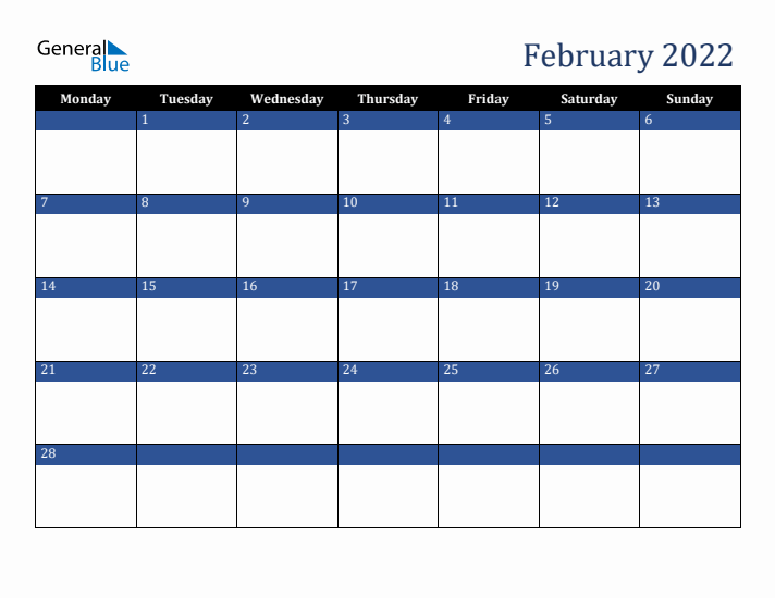 Monday Start Calendar for February 2022