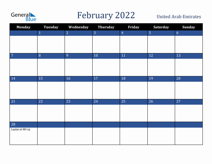 February 2022 United Arab Emirates Calendar (Monday Start)