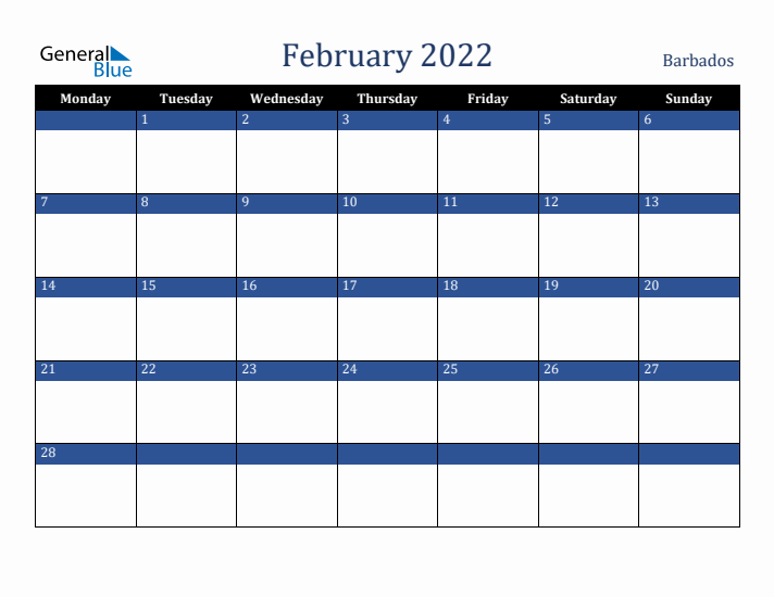 February 2022 Barbados Calendar (Monday Start)