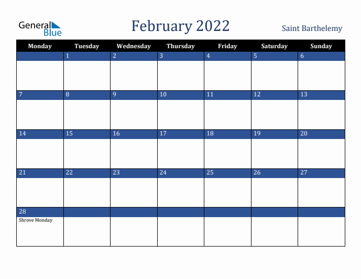February 2022 Saint Barthelemy Calendar (Monday Start)